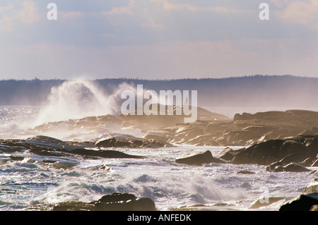 Onde che si infrangono sulle rocce, Peggy's Cove, Nova Scotia, Canada. Foto Stock