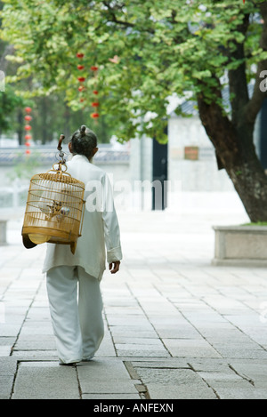 Uomo anziano indossando il tradizionale indumenti cinesi che trasportano bird cage sulla spalla, vista posteriore Foto Stock