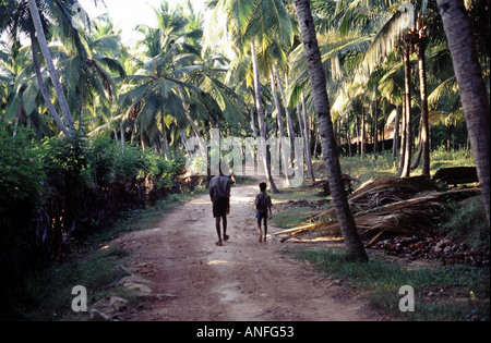 Uomo e figlio a piedi lungo una strada di campagna nei pressi di Poovar in Kerala India Foto Stock