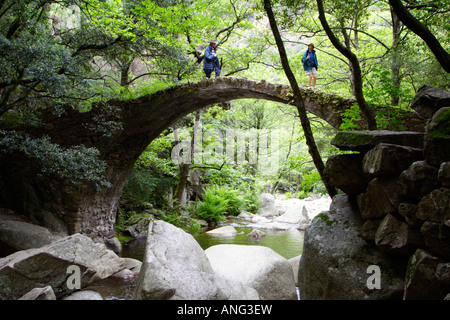 Gli escursionisti sul Pont de zaglia ponte sopra il fiume spelunca Foto Stock