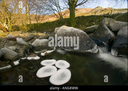 Un parzialmente congelati nel fiume Easedale vicino a Grasmere nel Distretto del Lago durante un freddo snap Foto Stock