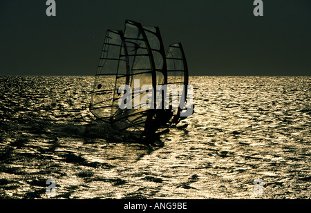 Sagome di quattro Windsurf Vela in stretta formazione nella luce il Mar Rosso il Sinai Egitto Foto Stock