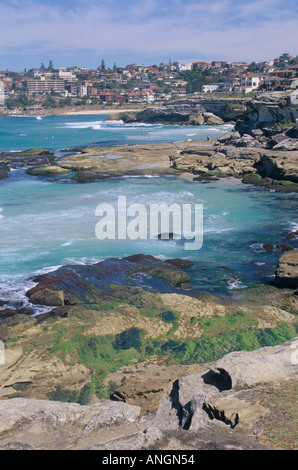Per Bondi e Coogee famosa passeggiata costiera, vista di calette con la città di Bronte in distanza. Sydney NSW, Australia. Foto Stock