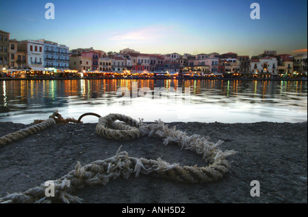 La Canea Canea Canea Xania Harbour di notte Creta Kriti grecia Europa Foto Stock