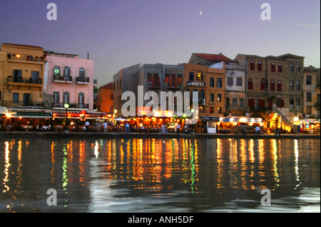 La Canea Canea Canea Xania Harbour di notte Creta Kriti grecia Europa Foto Stock