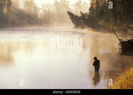 Fly-pescatore a mosca di legatura su Elk River in East Kootenays vicino al Fernie, British Columbia, Canada. Foto Stock