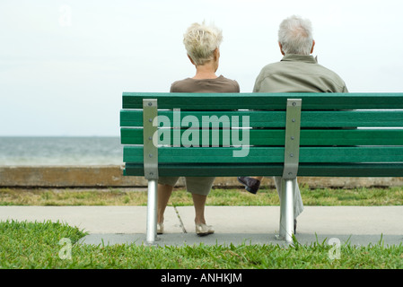 Giovane seduto su un banco di lavoro guardando oceano, vista posteriore Foto Stock