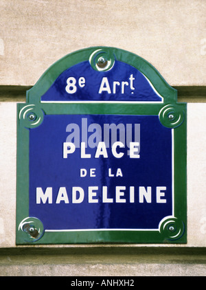 Europa Parigi Francia Place de la Madeleine strada segno Foto Stock