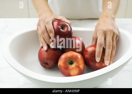 Donna mettendo le mele in una terrina vista ritagliata delle mani Foto Stock