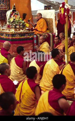 H.H.Dalai lama e i monaci buddisti tibetani cantano durante la cerimonia di iniziazione di Kalachakra. Bodh Gaya, Bihar. India Foto Stock