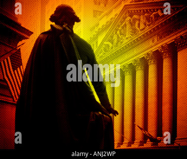 Vista concettuale del New York Stock Exchange NYSE su Wall Street a New York City che mostra la statua di George Washington Foto Stock