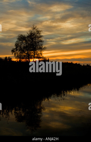 Il sole che tramonta sulle rive del canale di Spynie, vicino Lossiemouth e Elgin nel Morayshire. Foto Stock