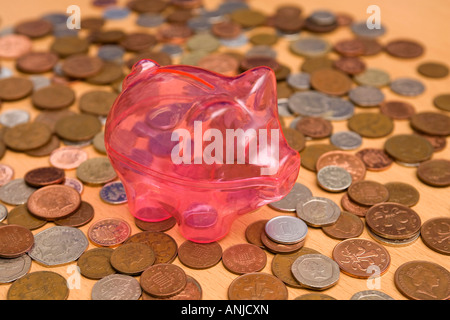 Risparmio finanza monete con rosa trasparente salvadanaio Foto Stock