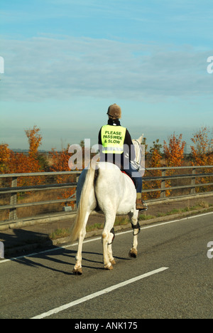 Alta viz vista posteriore della donna cavallo Cavaliere a ponte stradale sull'autostrada indossando alta visibilità vis giubbotto di sicurezza messaggio pass ampia e lento Essex England Regno Unito Foto Stock