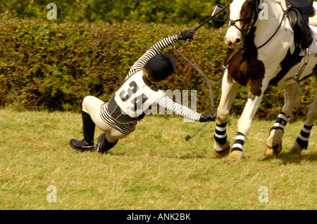 Rider essendo generata dalla caduta di cavallo a metà in aria Foto Stock