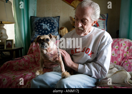 Un uomo che sostiene il suo piccolo cane che è stato brutalmente tagliato con un coltello da bambini e ricevuto centinaia di punti Foto Stock