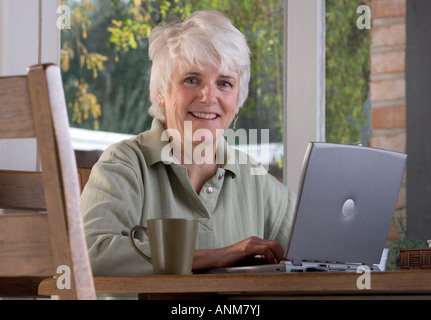 Senior donna funziona su un computer portatile a casa Foto Stock