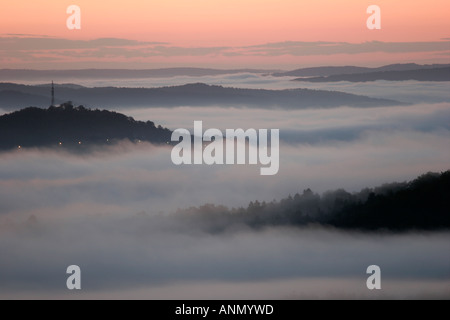 Antenna TV in un paesaggio nebbioso Foto Stock