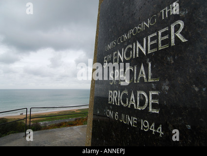 Memoriale della American 5 Ingegnere brigata speciale, la spiaggia di Omaha, in Normandia, Francia Foto Stock