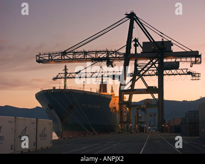 Nave Container e gru stagliano contro la luce della sera, Lyttelton, Nuova Zelanda Foto Stock