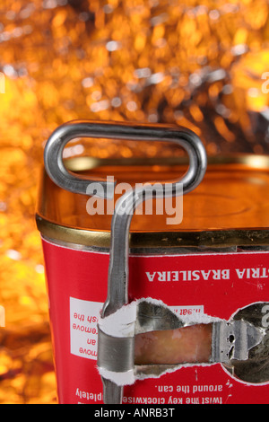 Apertura di una lattina di pre-pranzo cucinato carne Foto Stock