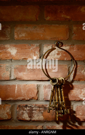 Mazzetto di ottone antico scheletro chiavi appeso a una parete di mattoni Foto Stock