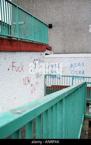 Sottopassaggio pedonale e graffiti politici nell'alloggiamento Bogside station wagon, Londonderry, nella contea di Derry, Irlanda del Nord. Foto Stock