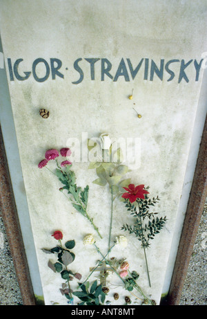 Venezia Italia la pietra tombale del compositore russo Igor Stravinsky sul cimitero Isola di San Michele Foto Stock