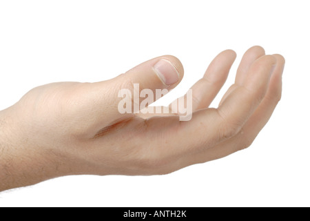 Uomo con un vuoto che la mano per chiedere aiuto Foto Stock