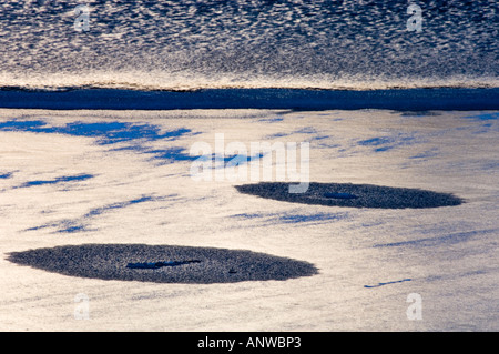 Modelli di ghiaccio a bordo del Vermiglio laghi vicino al tramonto, il Parco Nazionale di Banff, Alberta, Canada Foto Stock