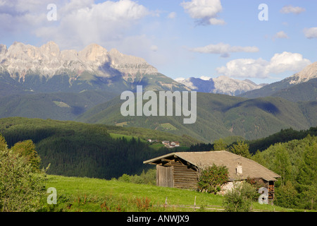 Capanna in legno su un prato dietro la gamma della montagna Rosengarten Nova Ponente, eggen valley, alto adige, italia Foto Stock