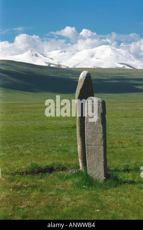 Antico in pietra figurine con simboli runici nell'altopiano di Ukok. Il Tabyn Bogdo Ola gamma. Altai. La Siberia. La Russia Foto Stock