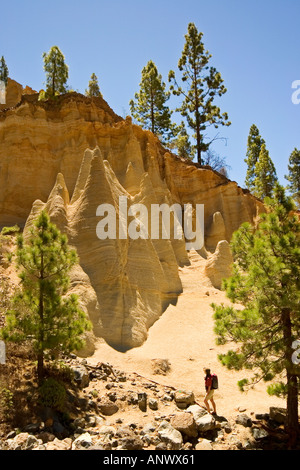 Escursionista femminile al paesaggio lunare Parque Natural de la Corona Forestal El Teide Isole Canarie Spagna Foto Stock