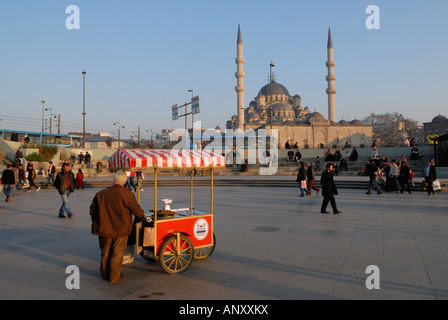 Castagne arrosto venditore di fronte Yeni Camii la moschea di nuovo quartiere Eminonu Istanbul Turchia Foto Stock