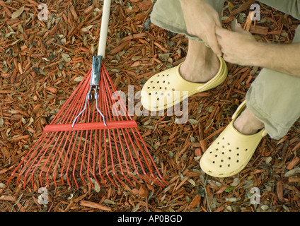 Giardiniere seduto a terra accanto a rastrello, vista parziale Foto Stock