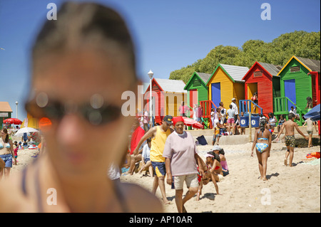 Spogliatoi su San Giacomo Beach, Cape Peninsula, Western Cape, Sud Africa Foto Stock