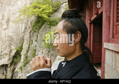 Il monaco taoista Zhang Qingren dimostrando Tai Chi, Hou Shi Wu tempio, Monte Tai, Tai Shan, provincia di Shandong, Patrimonio Mondiale, UNES Foto Stock