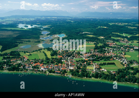 Vista aerea di laghi, Seeshaupt, Osterseen, il lago di Starnberg, Baviera, Germania, Europa Foto Stock