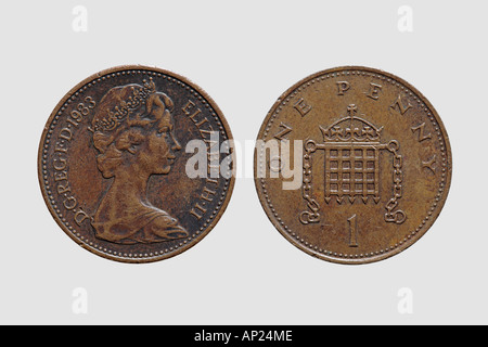 Anteriore e posteriore di un un penny moneta valuta britannica GBP sterlina inglese di denaro Foto Stock
