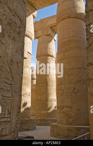 Enormi colonne nell'Hypostyle Hall, Tempio di Karnak complessa, Luxor, Egitto, Medio Oriente. DSC 4399 Foto Stock