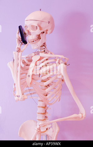 Uno scheletro umano a parlare su un telefono mobile Foto Stock