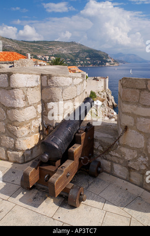 Un canone sulle mura della città di Dubrovnik Dalmazia Croazia Foto Stock