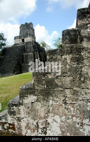 America centrale, Guatemala, Petan jungle,Parco Nazionale di Tikal. Main Plaza, calcare di fasi con Jaguar tempio in distanza. Foto Stock