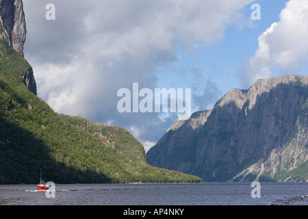Una barca solitaria su Western Brook Pond, Parco Nazionale Gros Morne, Terranova in Canada. Foto Stock