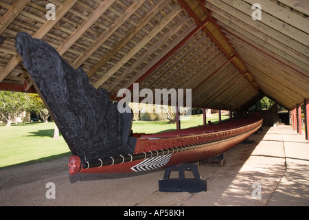 Whare Waka canoe house con più grande guerra Maori canoe Ngatokimatawhaorua a Waitangi Riserva nazionale nuova zelanda Foto Stock