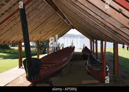 Whare Waka canoe house con più grande guerra Maori canoe Ngatokimatawhaorua a Waitangi Riserva nazionale nuova zelanda Foto Stock