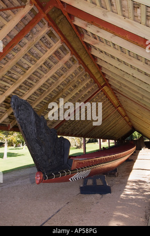 Whare Waka canoe house con più grande guerra Maori canoe Ngatokimatawhaorua a Waitangi Riserva nazionale nuova zelanda Foto Stock