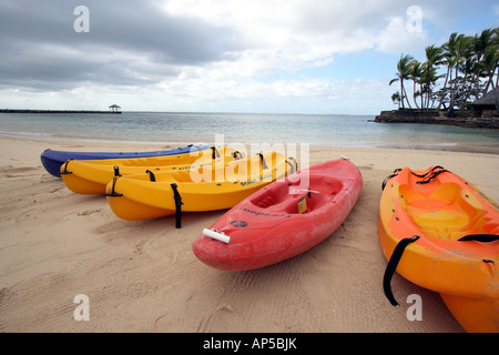 Colorato Canoe sulla spiaggia resort Fijiano BDB ORIZZONTALE11392 Foto Stock