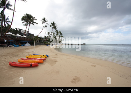 Kayak allineati sulla spiaggia resort Fijiano BDB ORIZZONTALE11391 Foto Stock