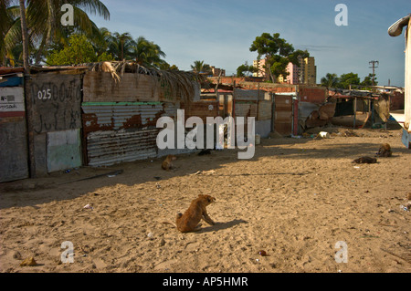 Una strada che mostra malandato, ondulare e scatola di legno in baracche dal villaggio dei pescatori, Puerto la Cruz, Venezuela, Sud America Foto Stock